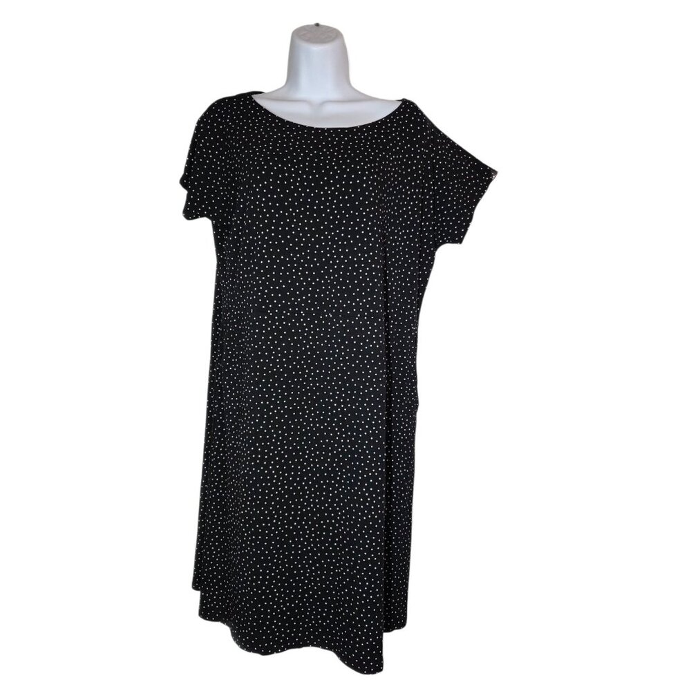 J Jill Wearever Black White Polka Dot Knee Length Knit Shift Dress W‎ Pockets M